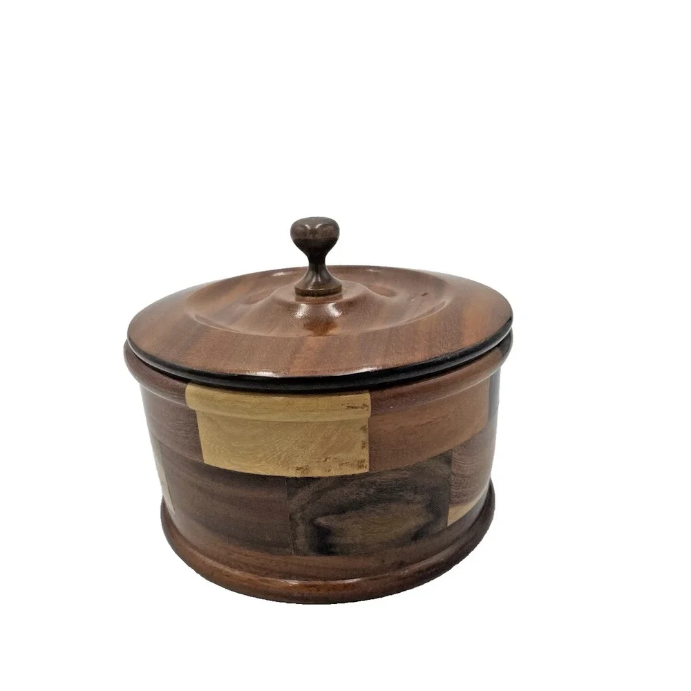 Vintage Hand Turned Wood inlaid‎ Trinket  Box Storage Bowl With Lid